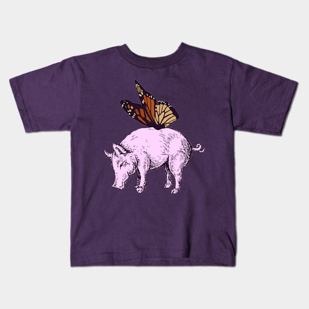 pig and butterfly, Kids T-Shirt by herbertmobley